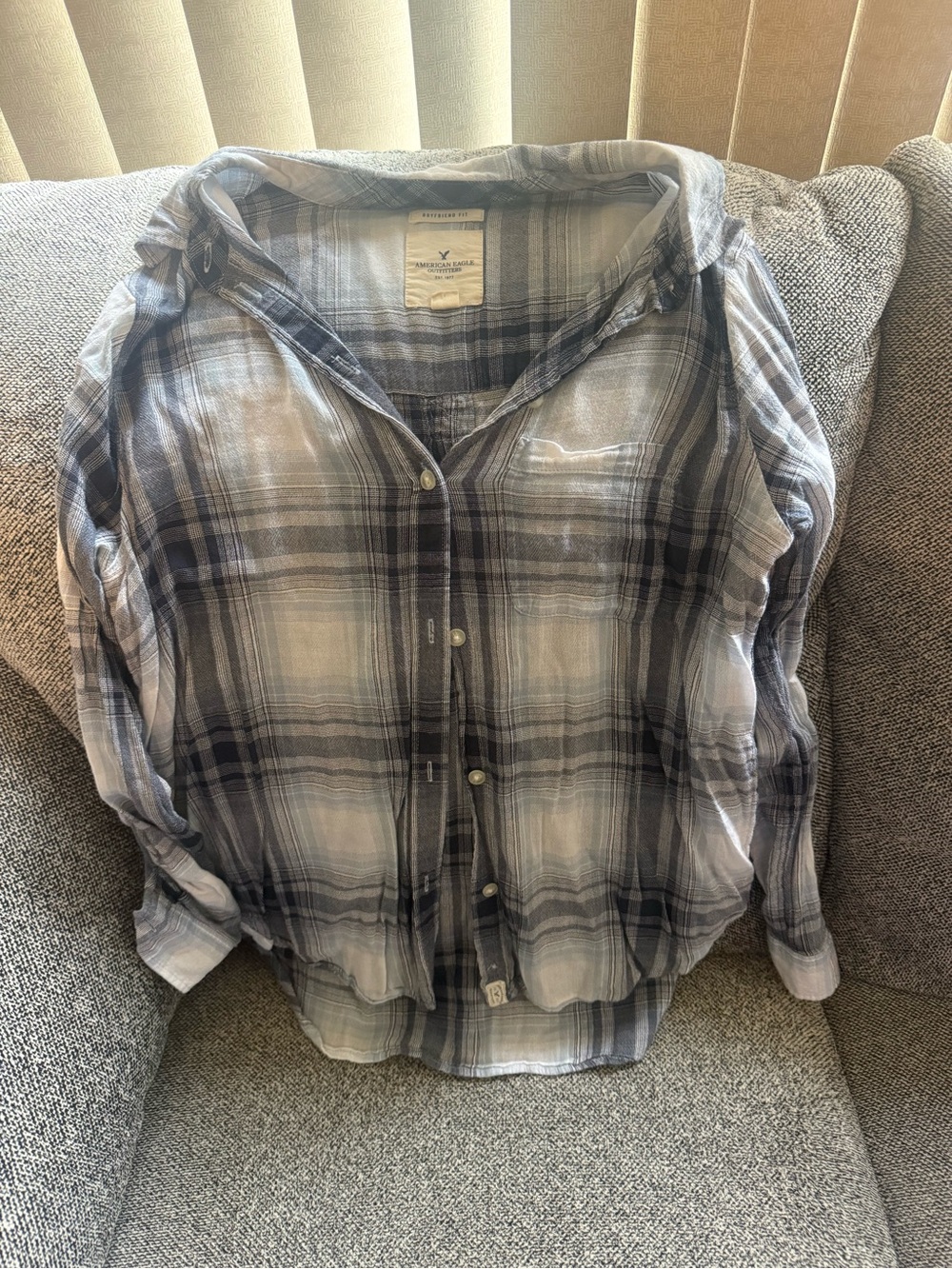 American Eagle Outfitters Gray and White Plaid Boyfriend Shirt